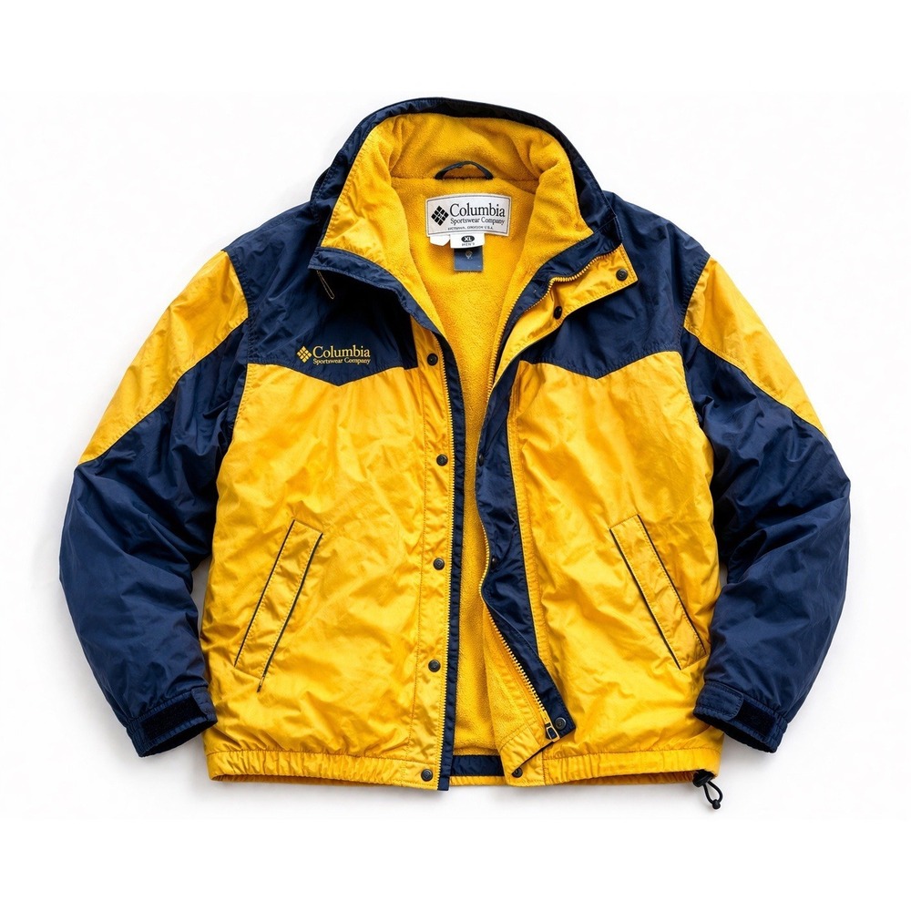 Columbia Fleece Lined Jacket Mens XL Yellow Blue Hooded Outdoor Coat
